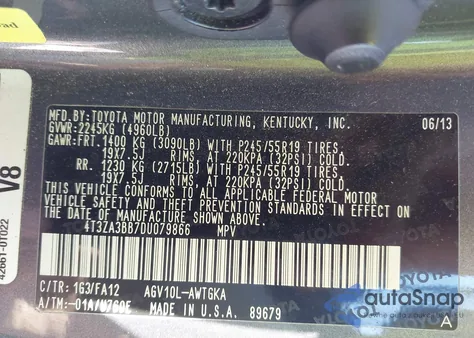 2013 Toyota Venza Le from USA, damaged, VIN 4T3ZA3BB7DU079866